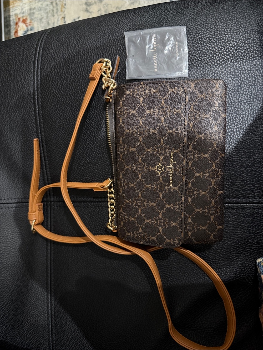 Nanette Lepore Brown Crossbody Wallet on a chain with Tan Strap - New
